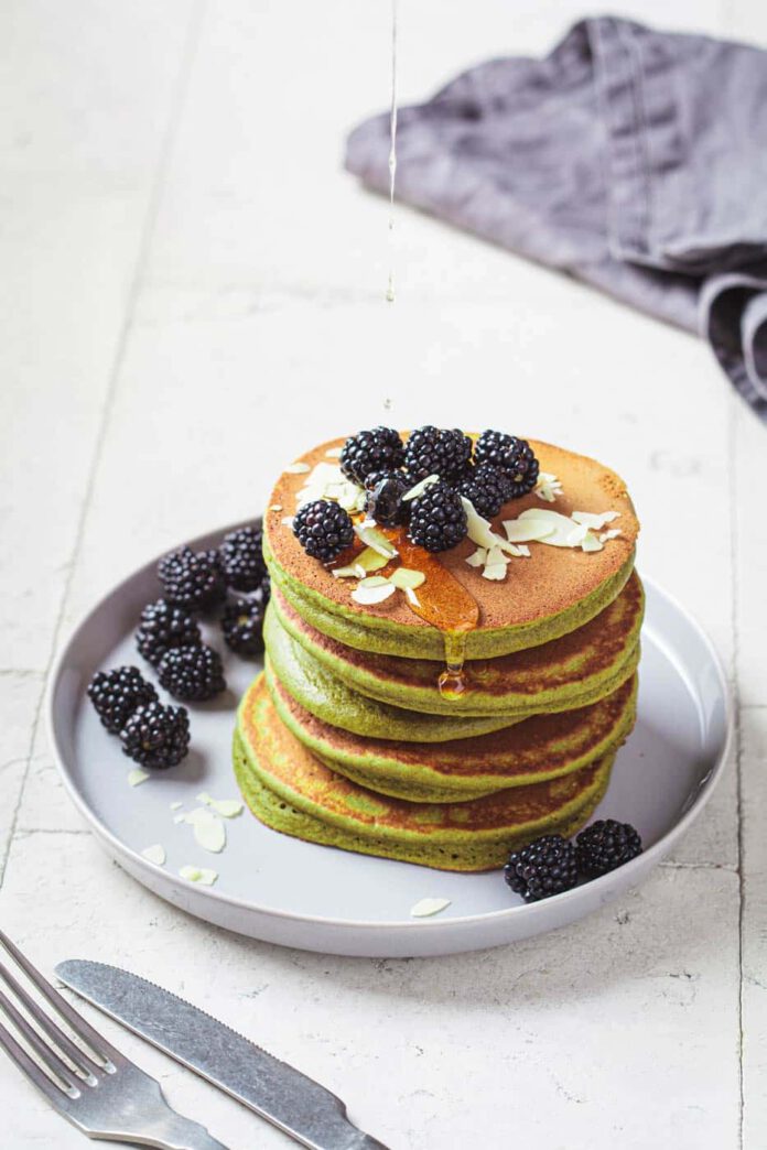 Vegan Green Matcha Pancakes with Blackberries