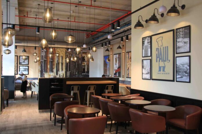 Modern cafe interior with stylish lighting