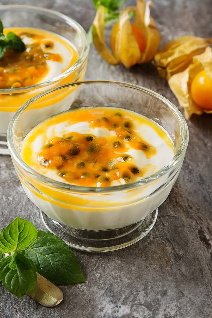Vegetarian Panna Cotta with passion fruit and physalis