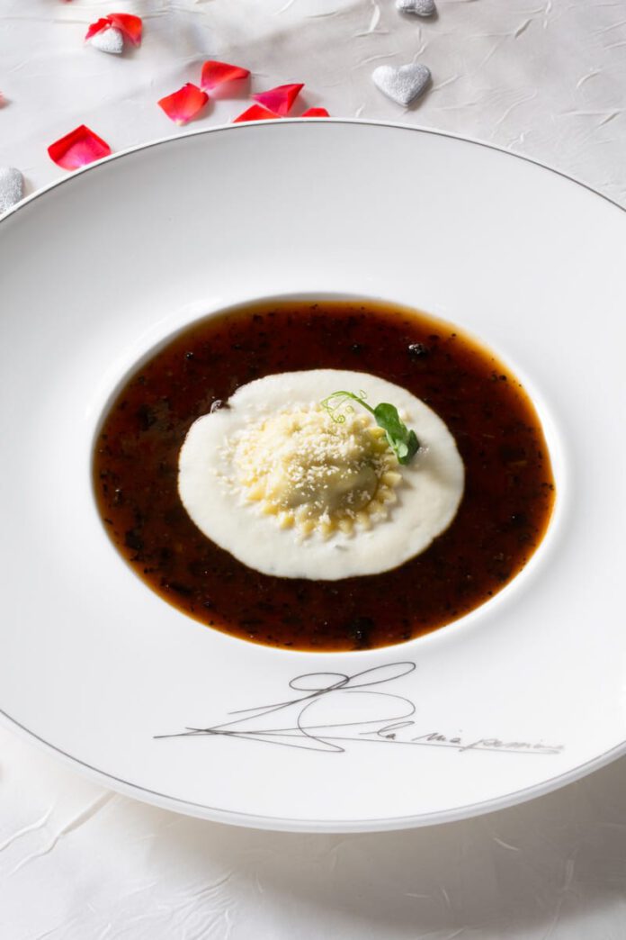 Ravioli stuffed with Veal Sweetbreads on Black Truffle sauce & Jerusalem Artichoke Mousse
