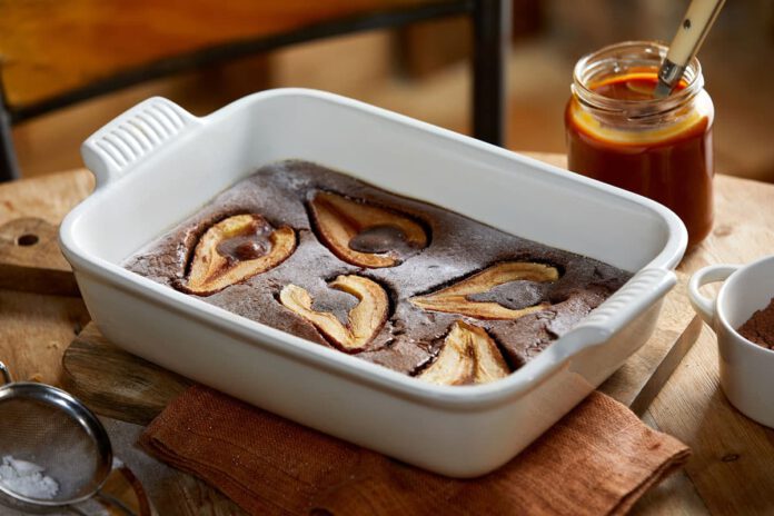Chocolate pear clafoutis with caramel sauce