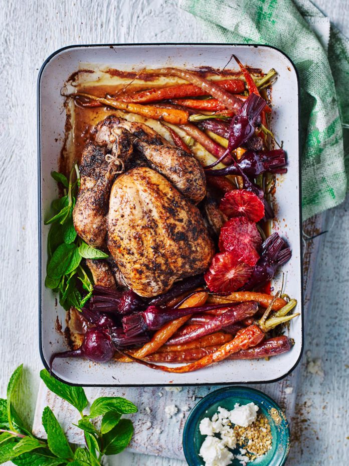 Roast chicken with sumac, baby vegetables & blood oranges 