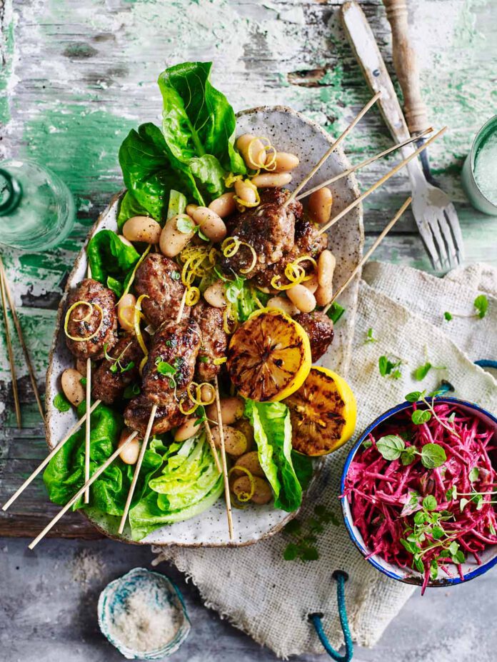 Koftas, white bean salad and grated beetroot
