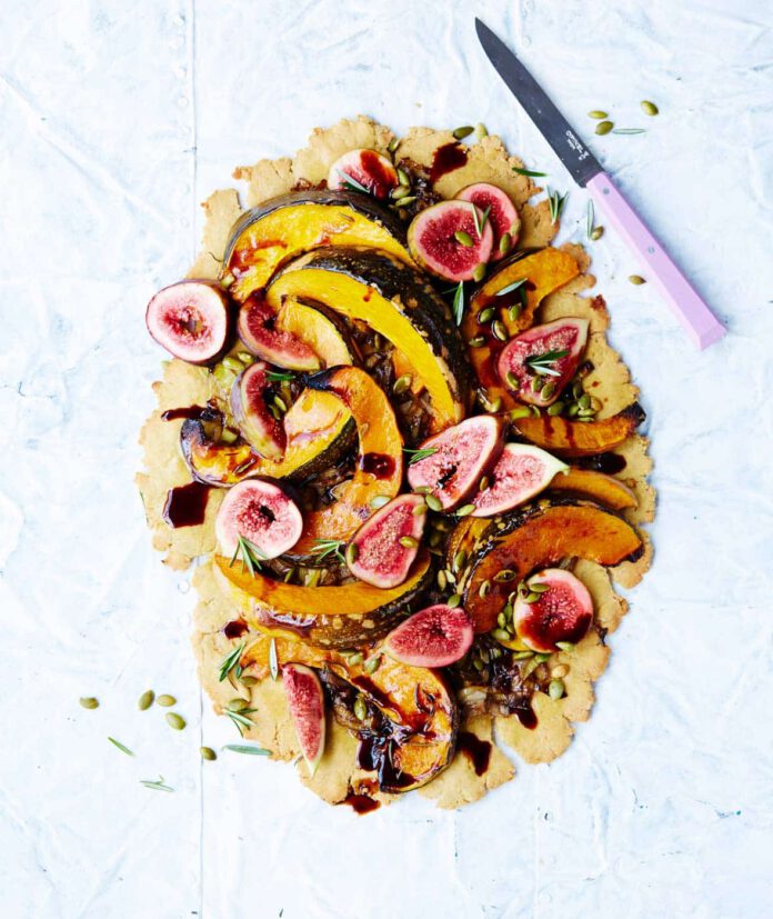 Roast pumpkin, leek and fig tart