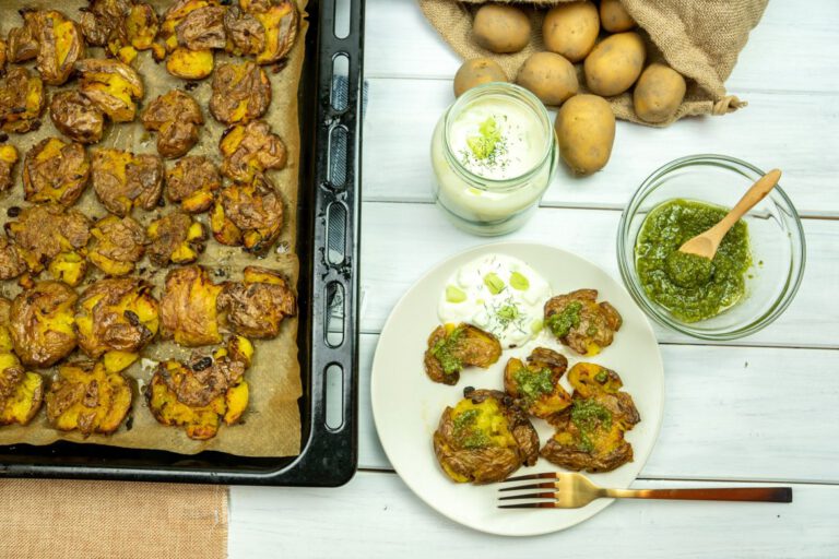 Smashed potatoes with wild garlic basil pesto
