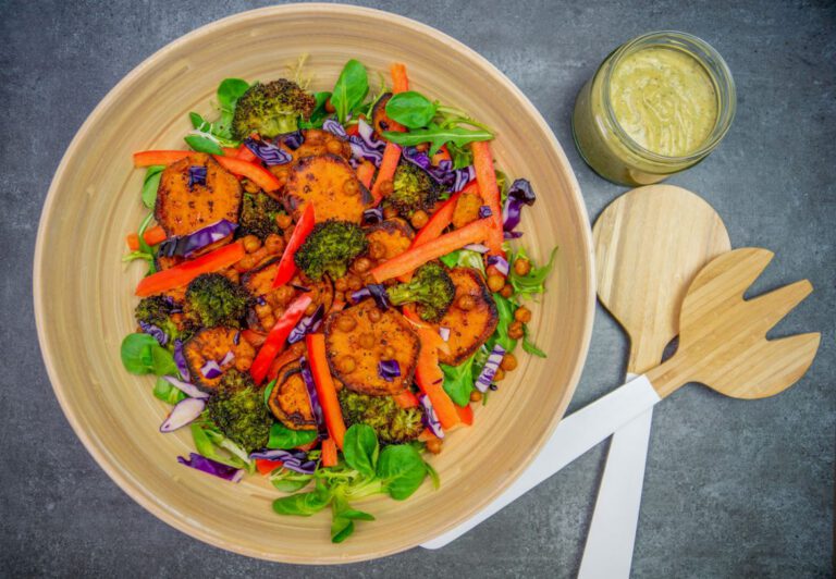 Sweet potato chickpea salad with garlic dill dressing