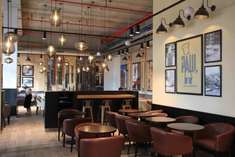 Modern cafe interior with stylish lighting