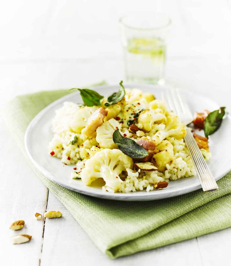 Almond Risotto with Cauliflower, Sage, Bacon & Blue Cheese