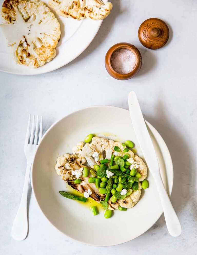 Cauliflower Steak with Edamame, Green Asparagus & Ricotta