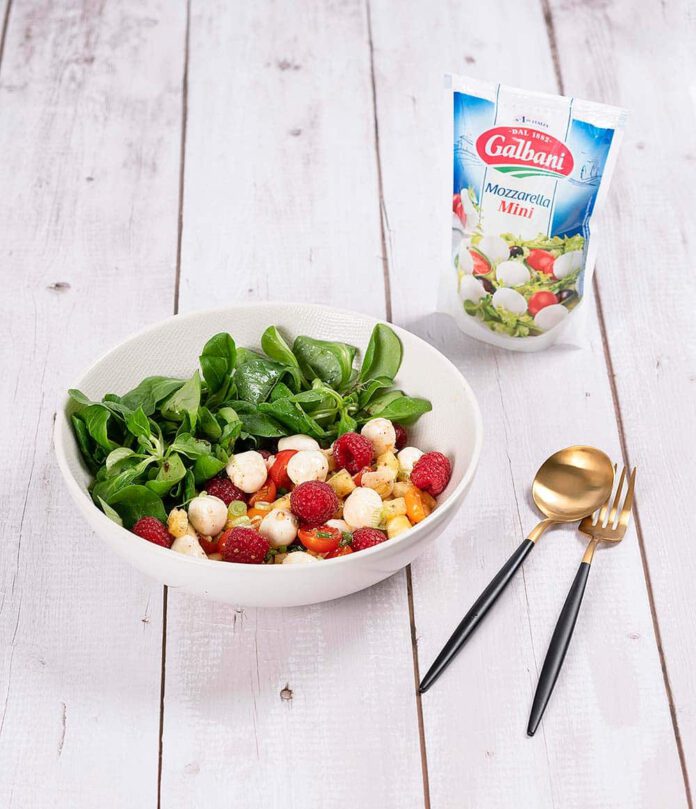 Cherry Tomatoes Salad with Lamb's Lettuce, Pineapple, Raspberries, Mozzarella Balls & Chia Seeds