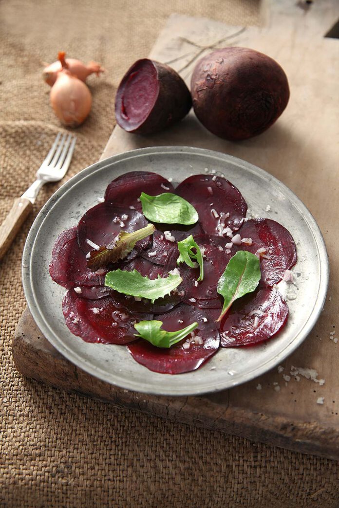 Roasted beetroot carpaccio with shallot vinaigrette