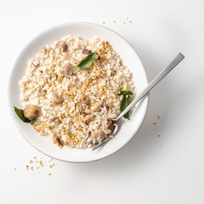 Risotto with chestnuts, goat cheese and hazelnuts