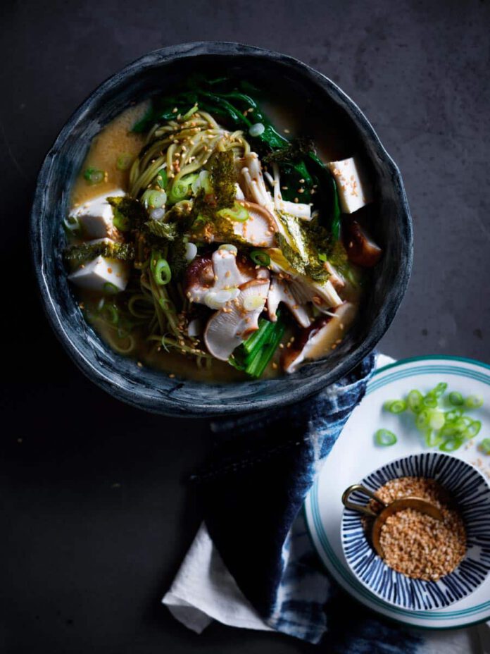 Miso noodle soup with mushrooms & ginger