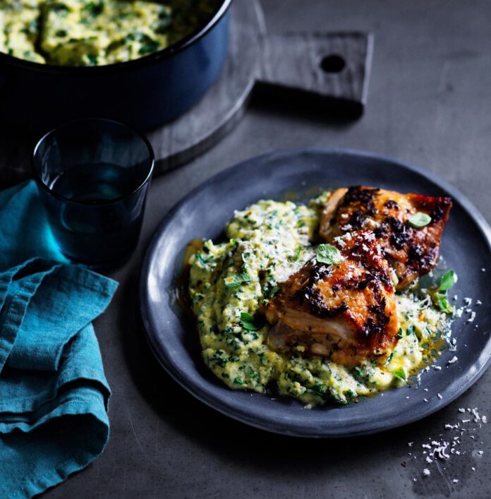 Roast chicken thighs with green polenta