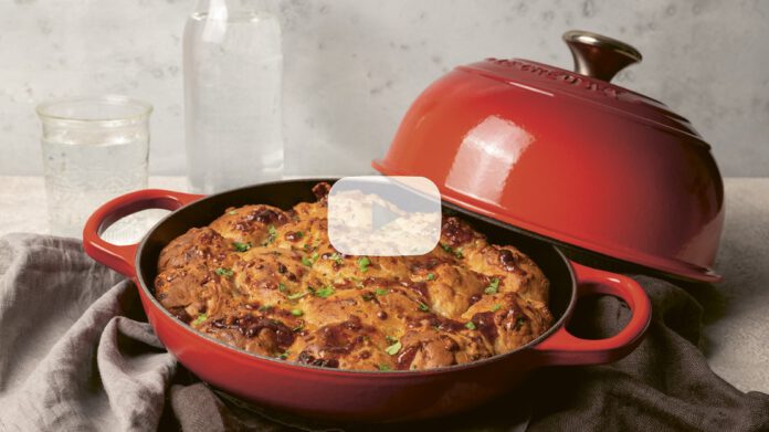 Flammkuchen-Style pull apart bread prepared in the Le Creuset Signature Bread Oven