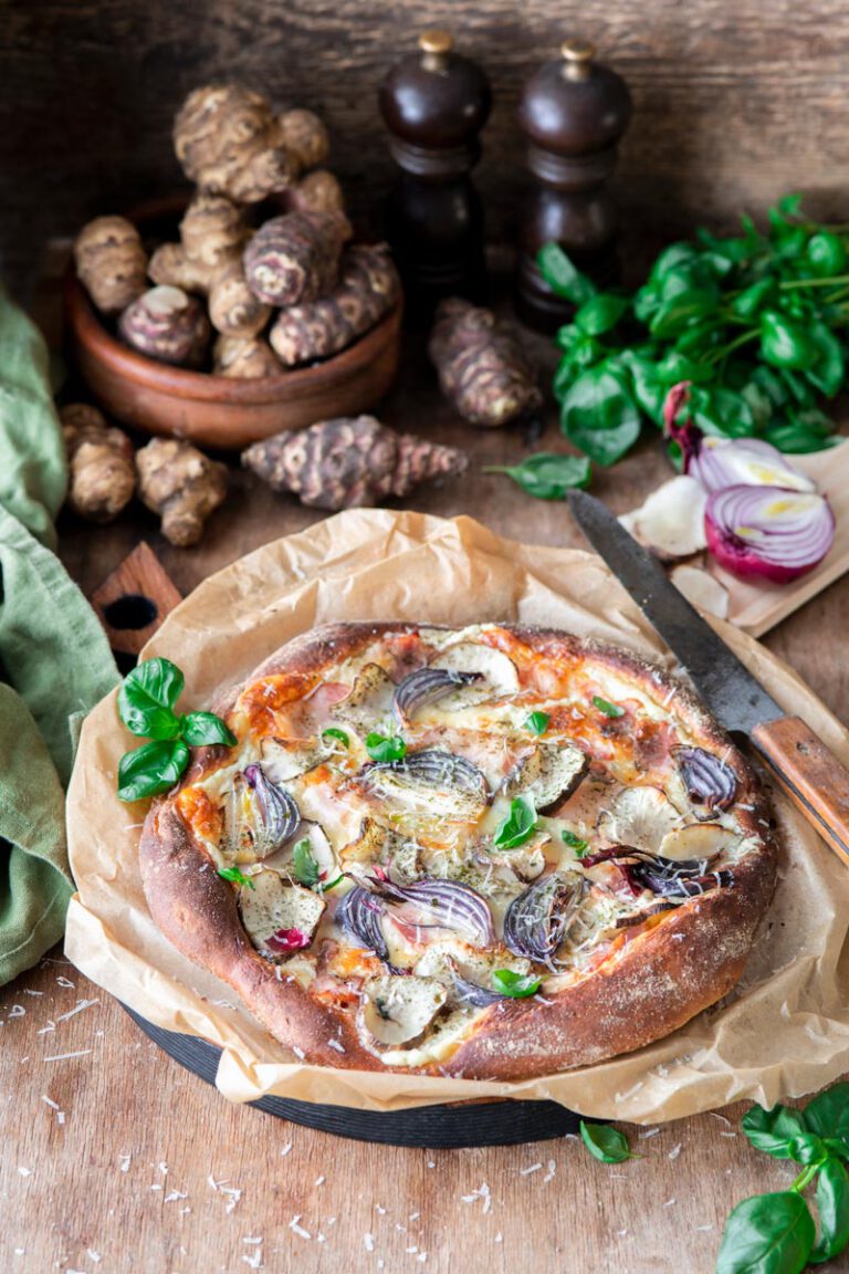 Pizza Bianca with Jerusalem artichokes, bacon & onions