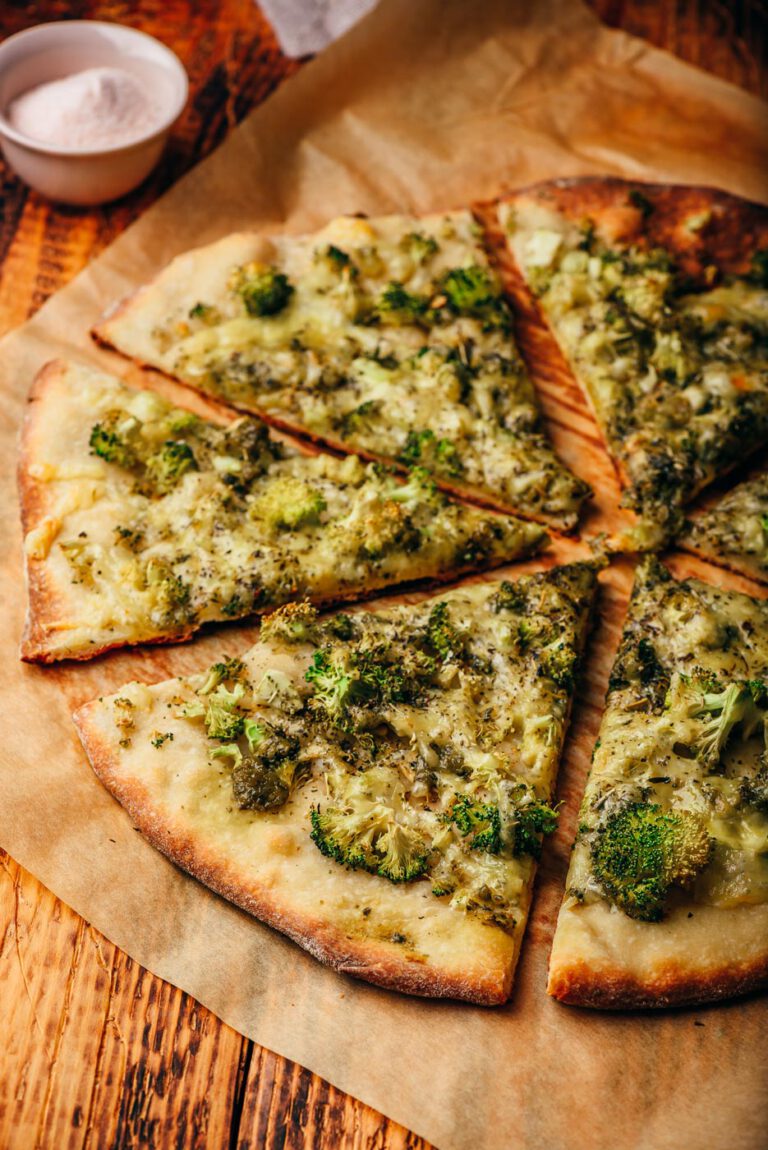 Homemade Pizza with Broccoli, Pesto Sauce & Cheese