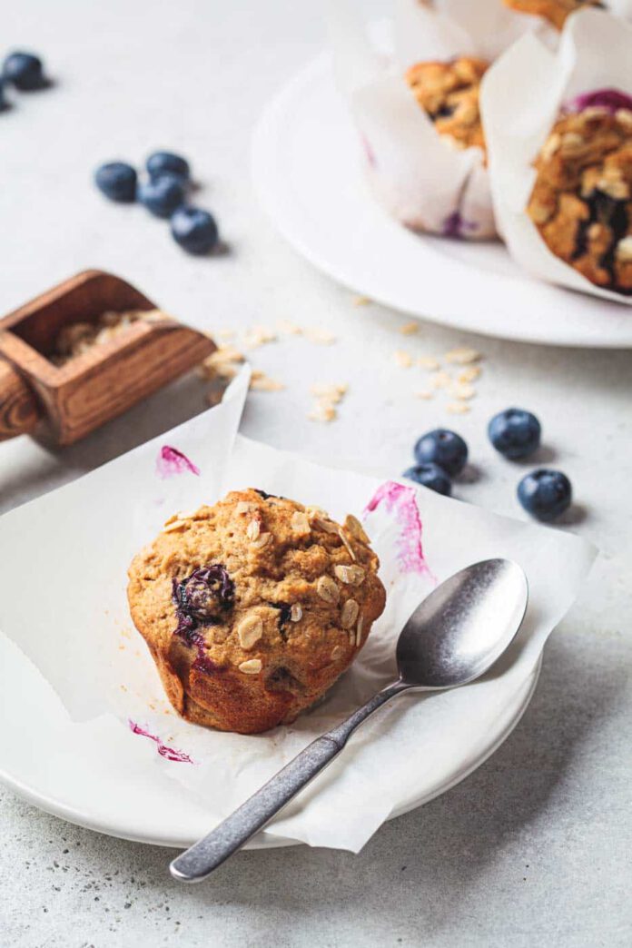 Vegan Oatmeal, Banana, and Blueberry Muffins
