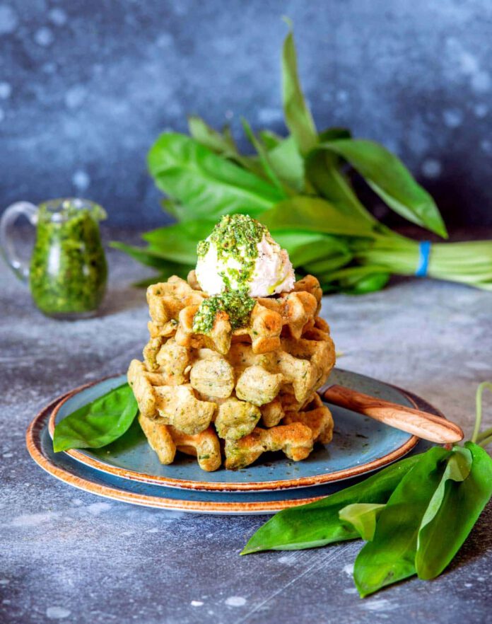 Waffles with fromage frais & wild garlic pesto