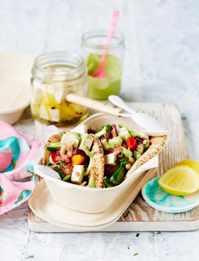 Spiced-white-bean-Greek-salad-pitta Spiced white bean and Greek salad pitta