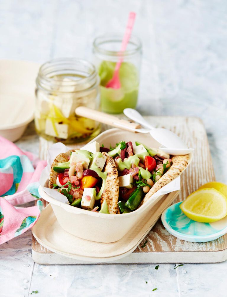 Spiced white bean and Greek salad pitta