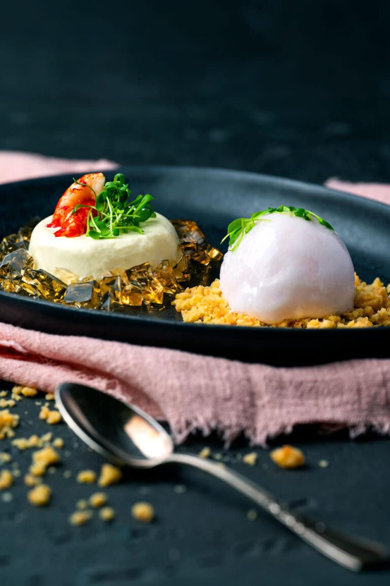 Avocado panna cotta with crayfish, crumble and rosé crémant sorbet