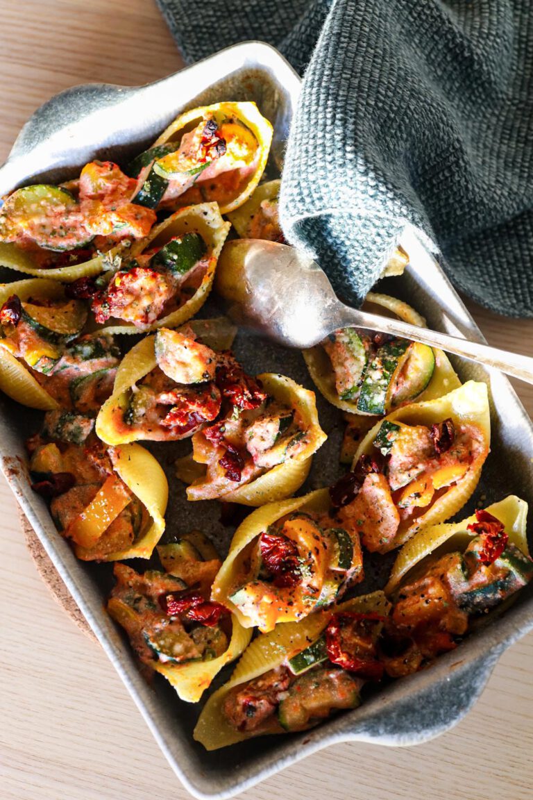 Conchiglioni stuffed with vegetables, sun-dried tomatoes & ricotta