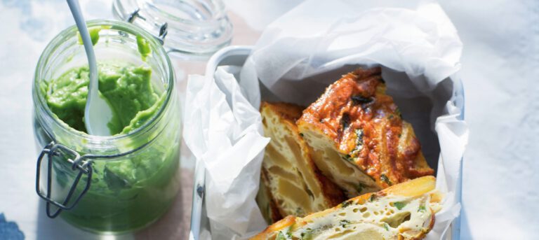 Zucchini tortilla with tarragon and avocado dip