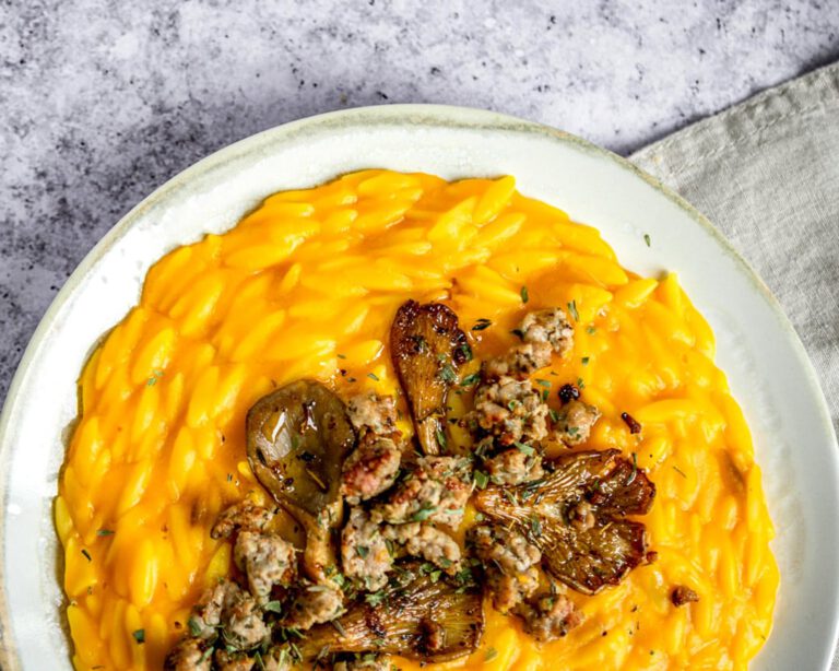 Pumpkin Orzo with Mushrooms and Browned Sausage