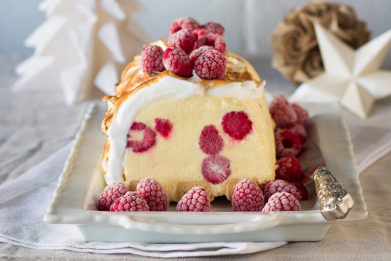 Raspberry and shortbread ice cream log with toasted marshmallow