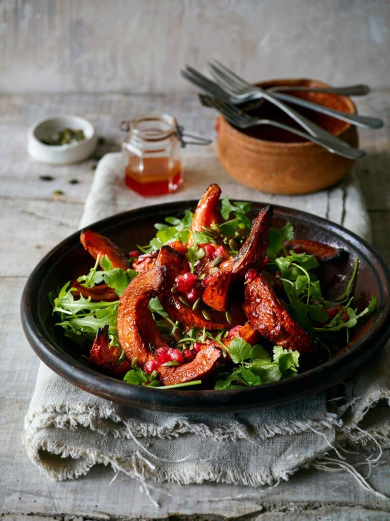 Warm salad of roasted pumpkin wedges with pistachio and pomegranate