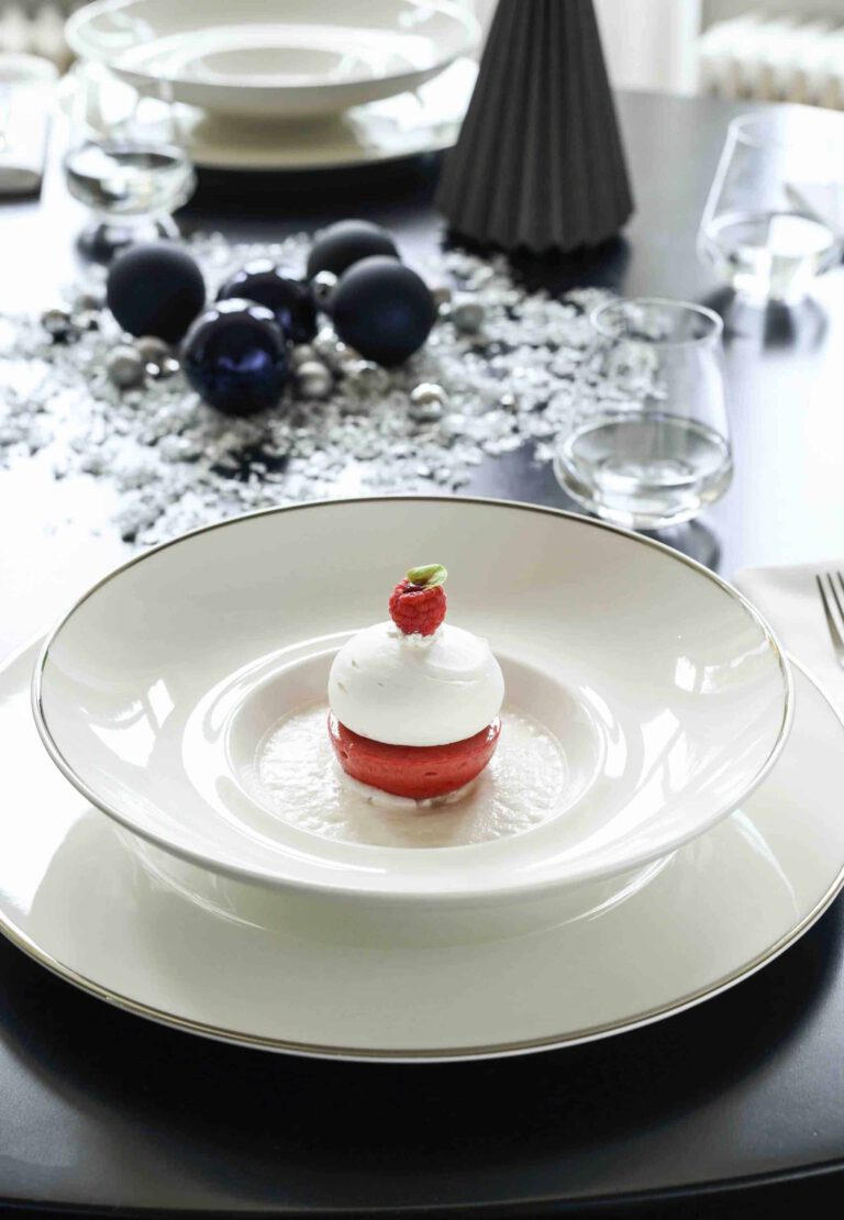 Raspberry Meringue Cups with Lychee Rose Espuma by Thomas Murer