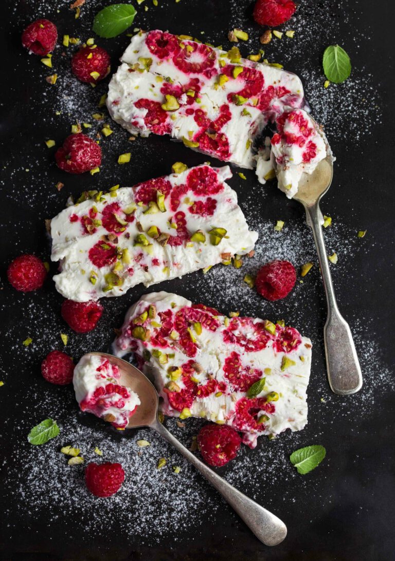 Raspberry semifreddo with rose water and pistachios