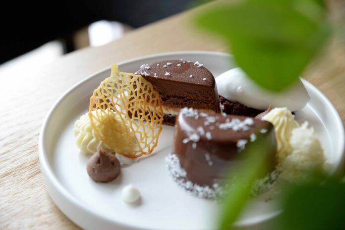 Elegant chocolate dessert on a white plate.