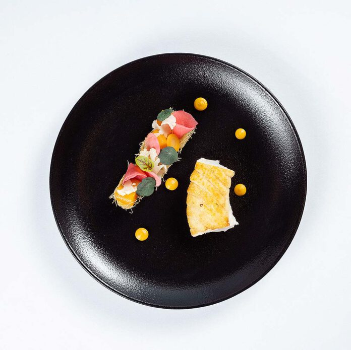 Caramelised Monkfish Tail Carrot Pulp with Green Aniseed & Vegetable Pickles by Les Roses