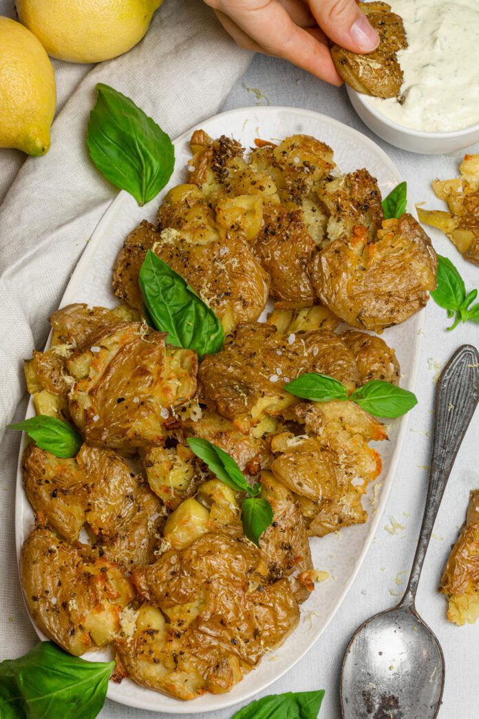Crispy Lemon Smashed Potatoes with a Lemon Pesto Dip
