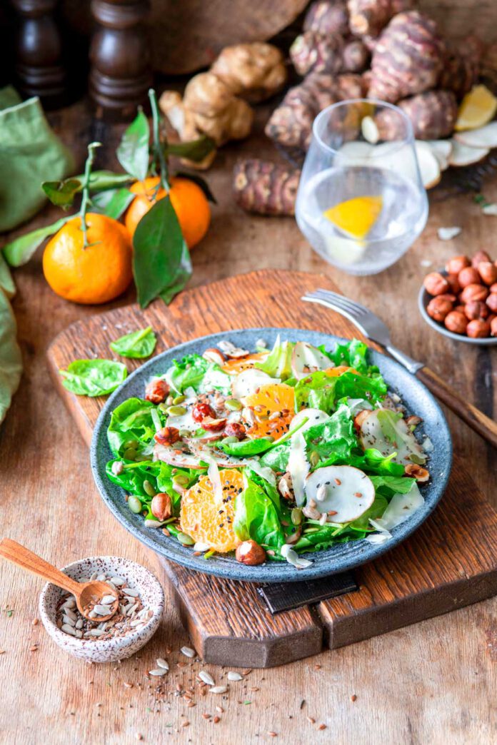 Jerusalem Artichoke Salad with Mandarins & Hazelnuts