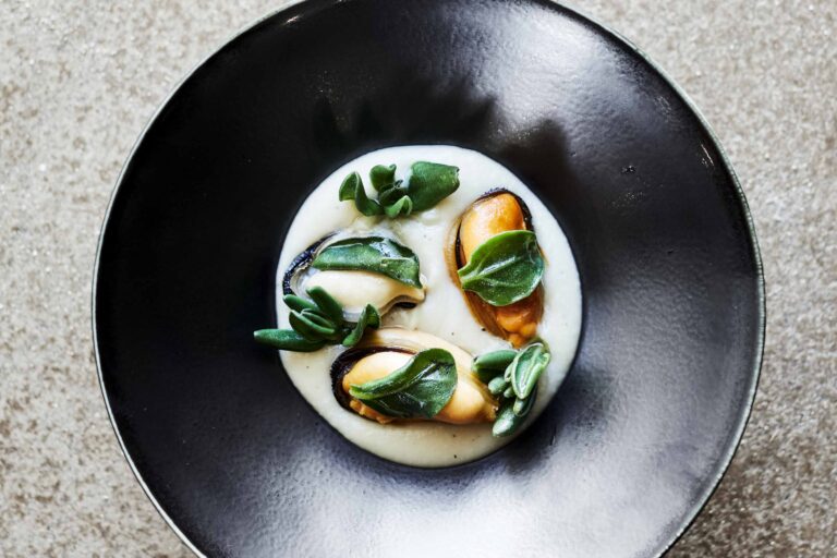 Gourmet mussels dish plated elegantly with greens.