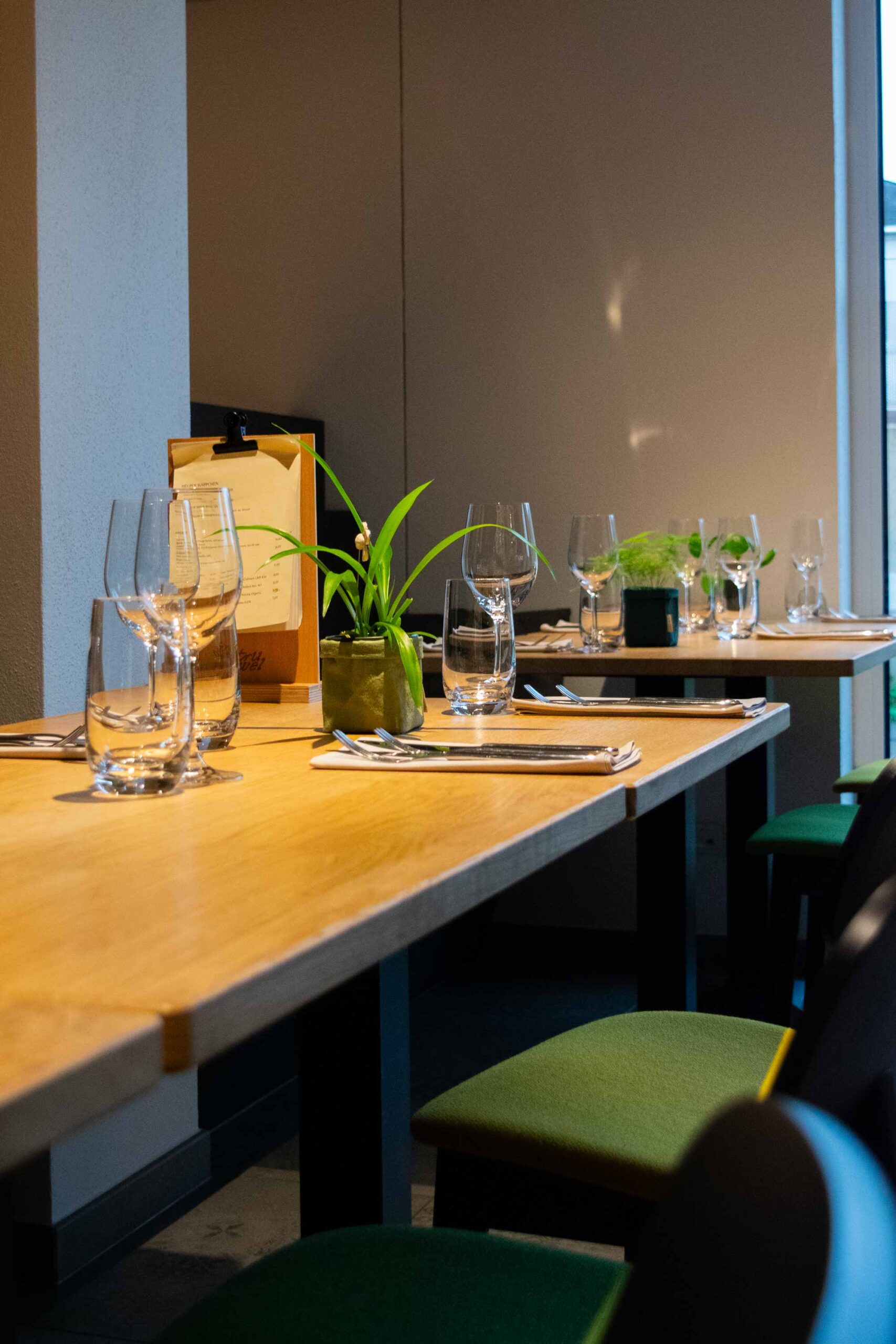Restaurant table with glasses and plant