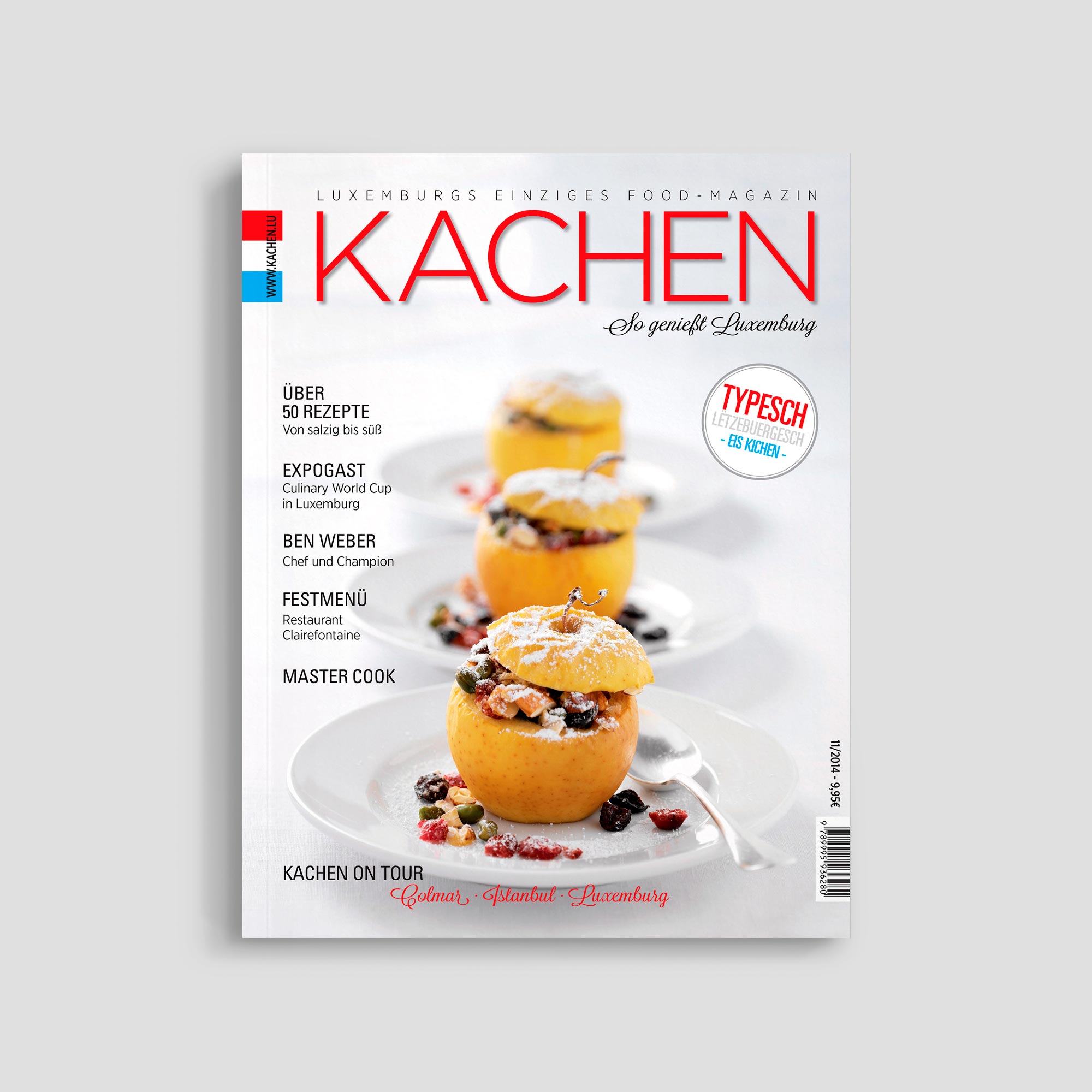 Kachen food magazine cover with stuffed apple dessert.