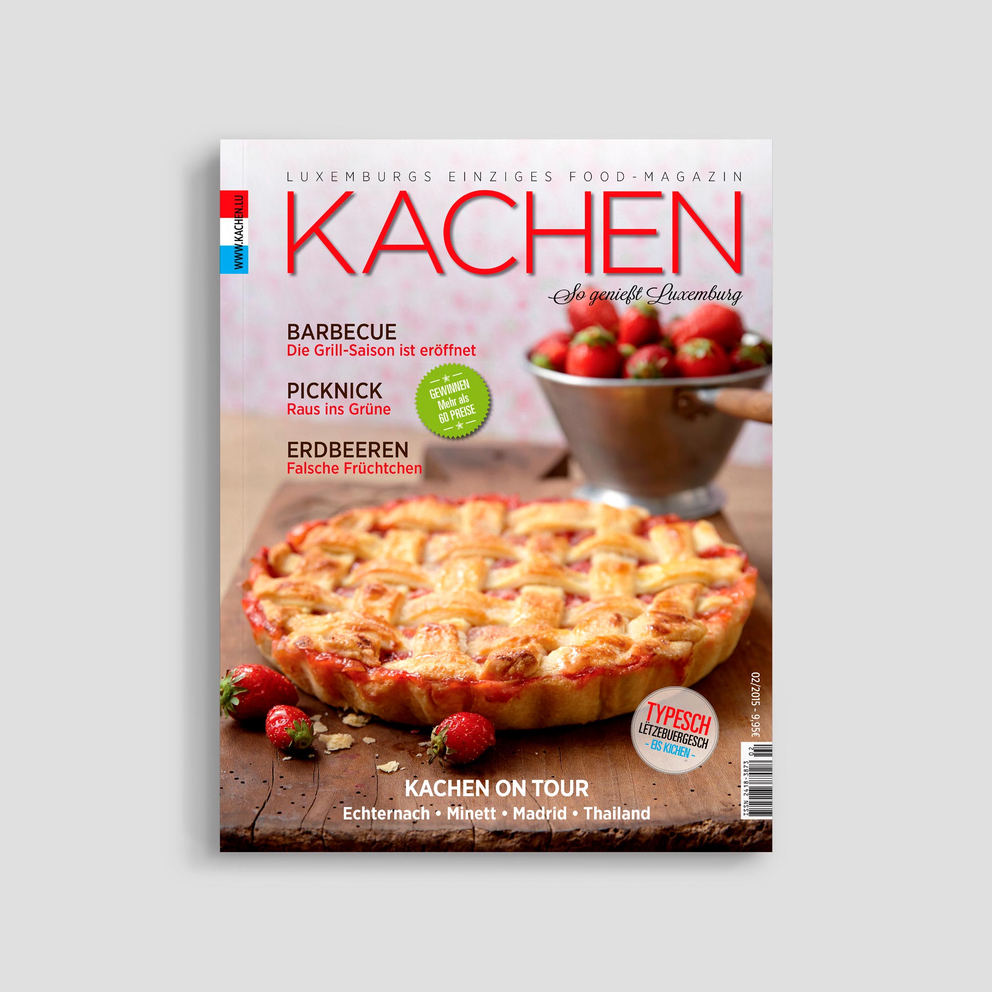 Luxembourg food magazine cover with strawberry pie.