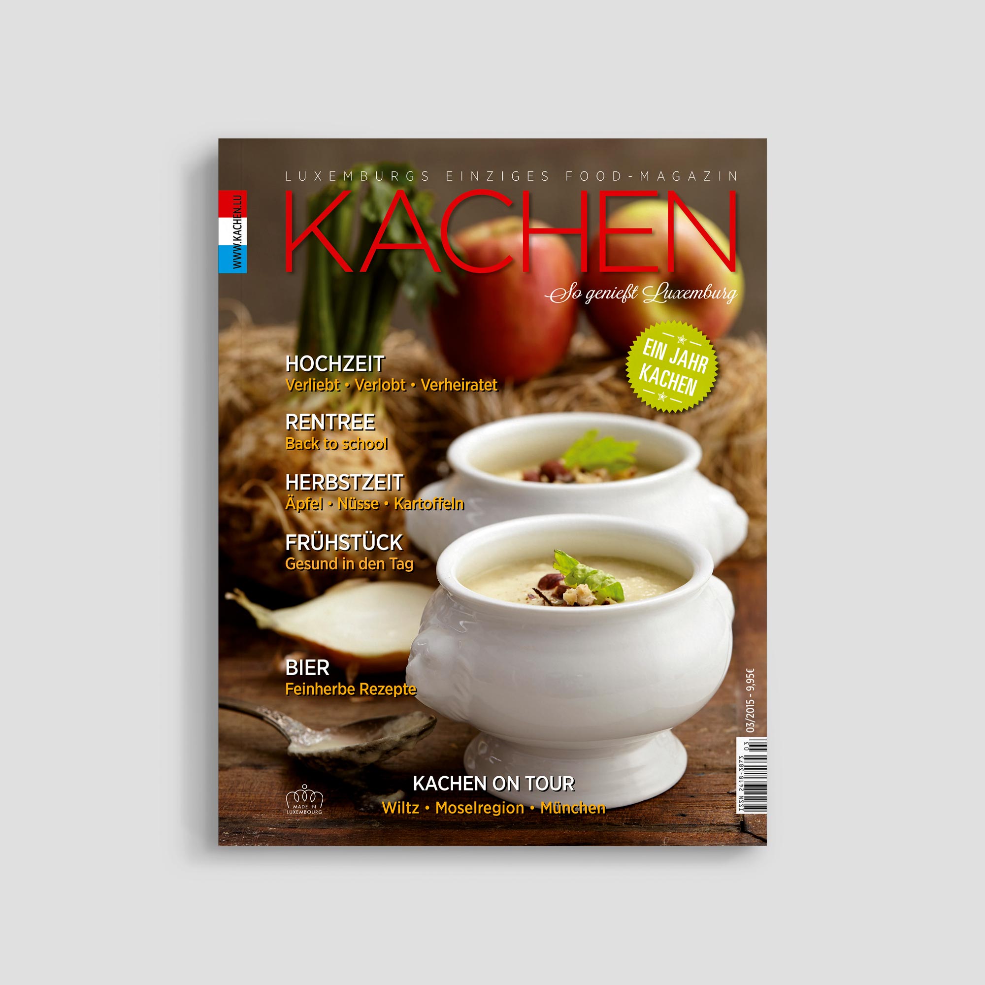 Luxembourg food magazine cover with soup and apples.