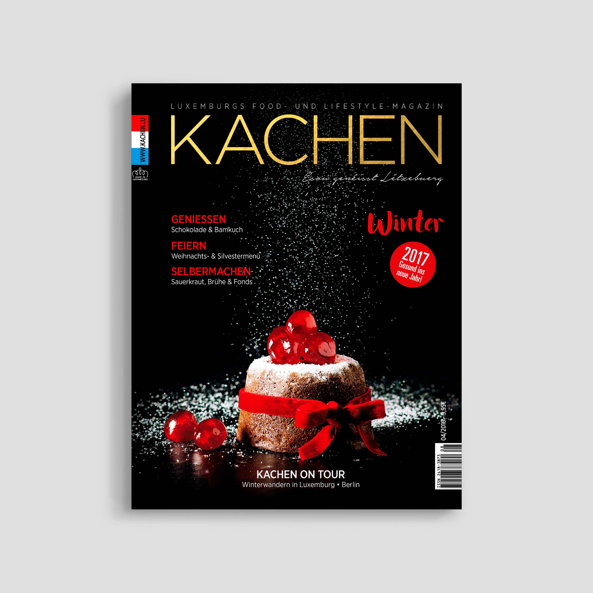 Kachen magazine cover with festive dessert and cherries.