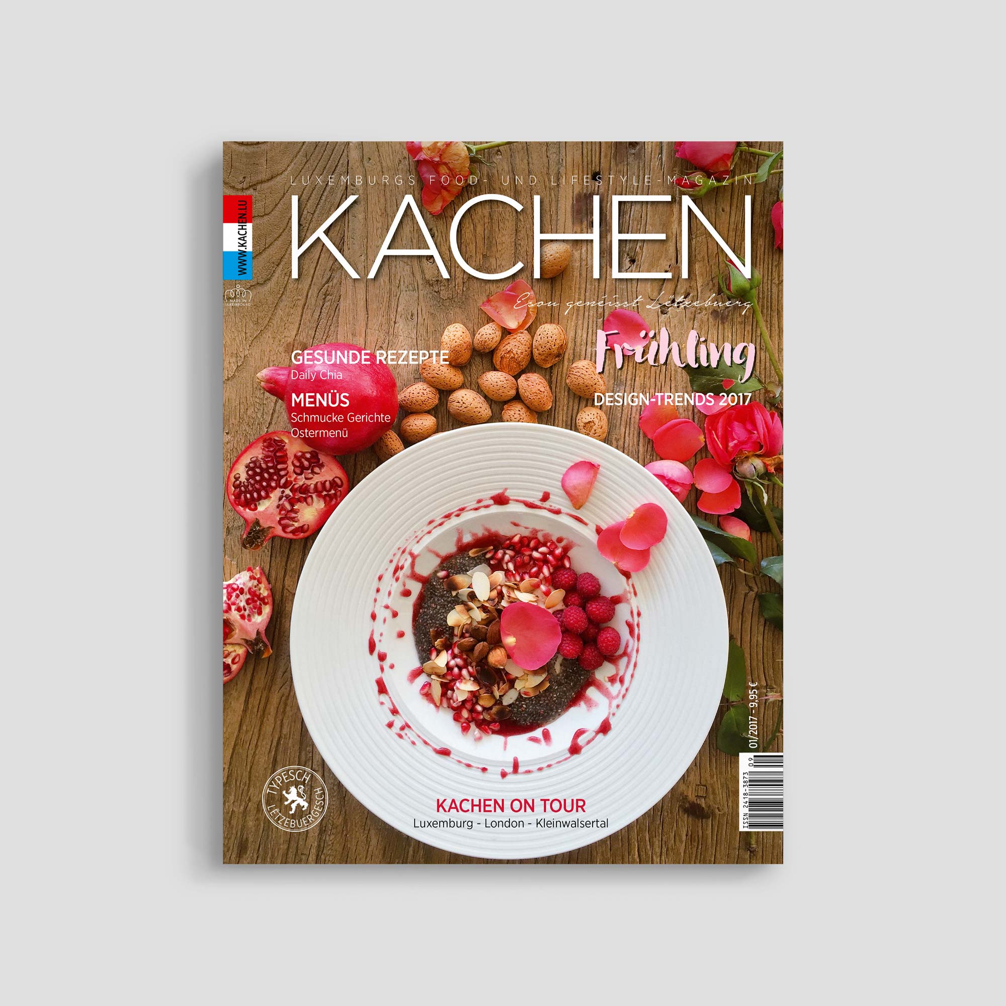 Magazine cover with plate of fruit and nuts.