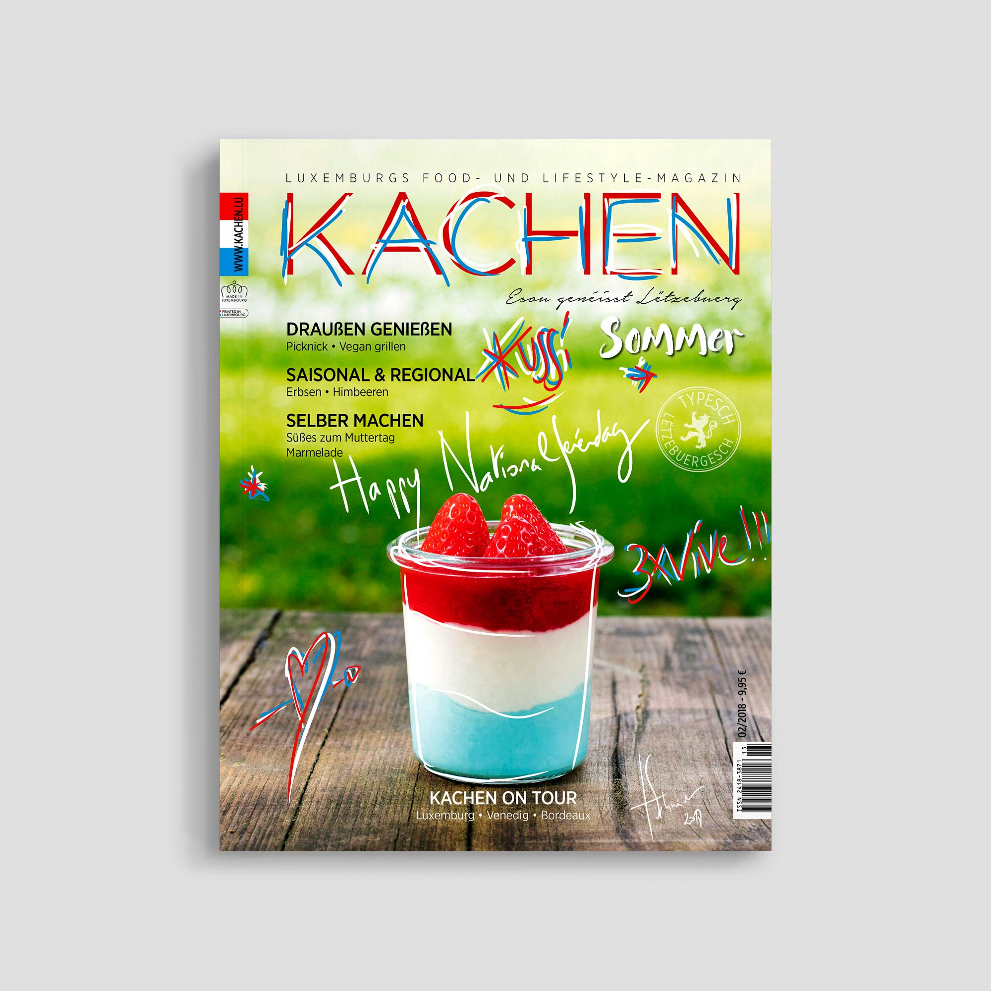 Kachen magazine cover with dessert in national colors.