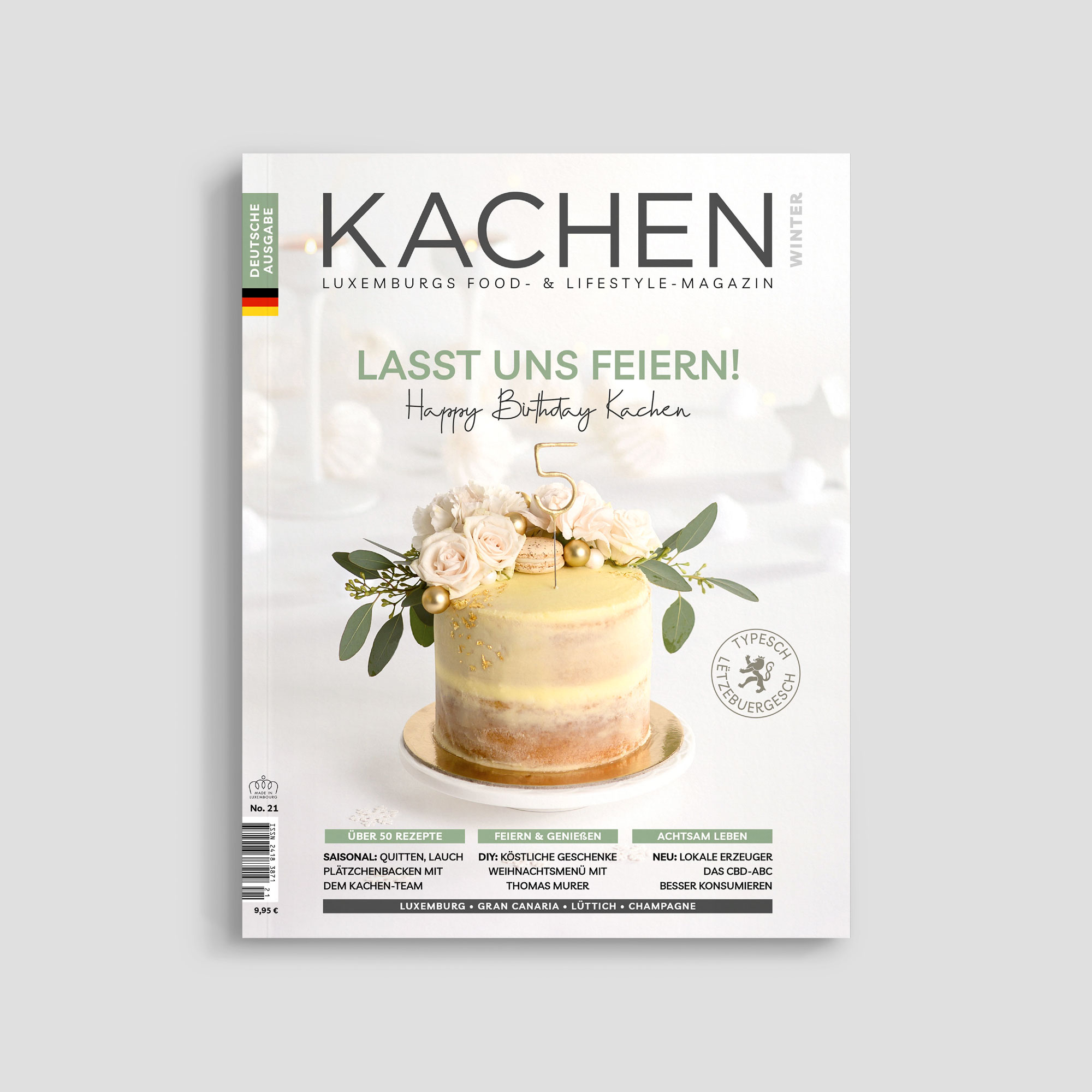 Kachen magazine cover with birthday cake.