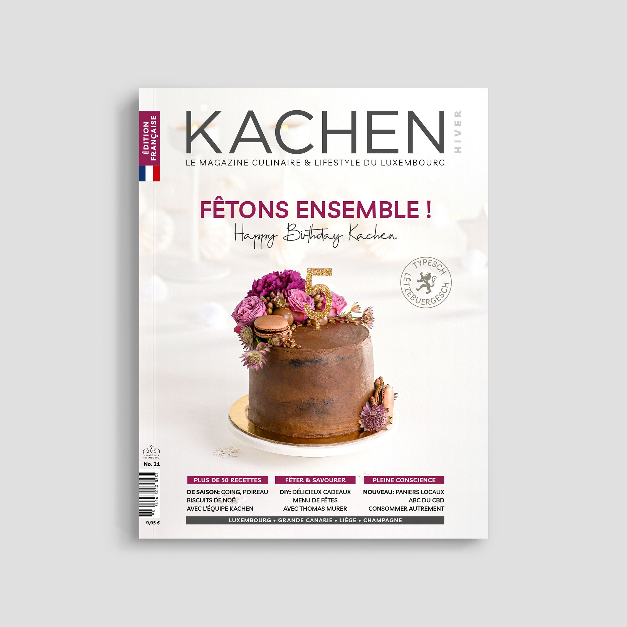 Kachen magazine cover with chocolate cake and flowers.