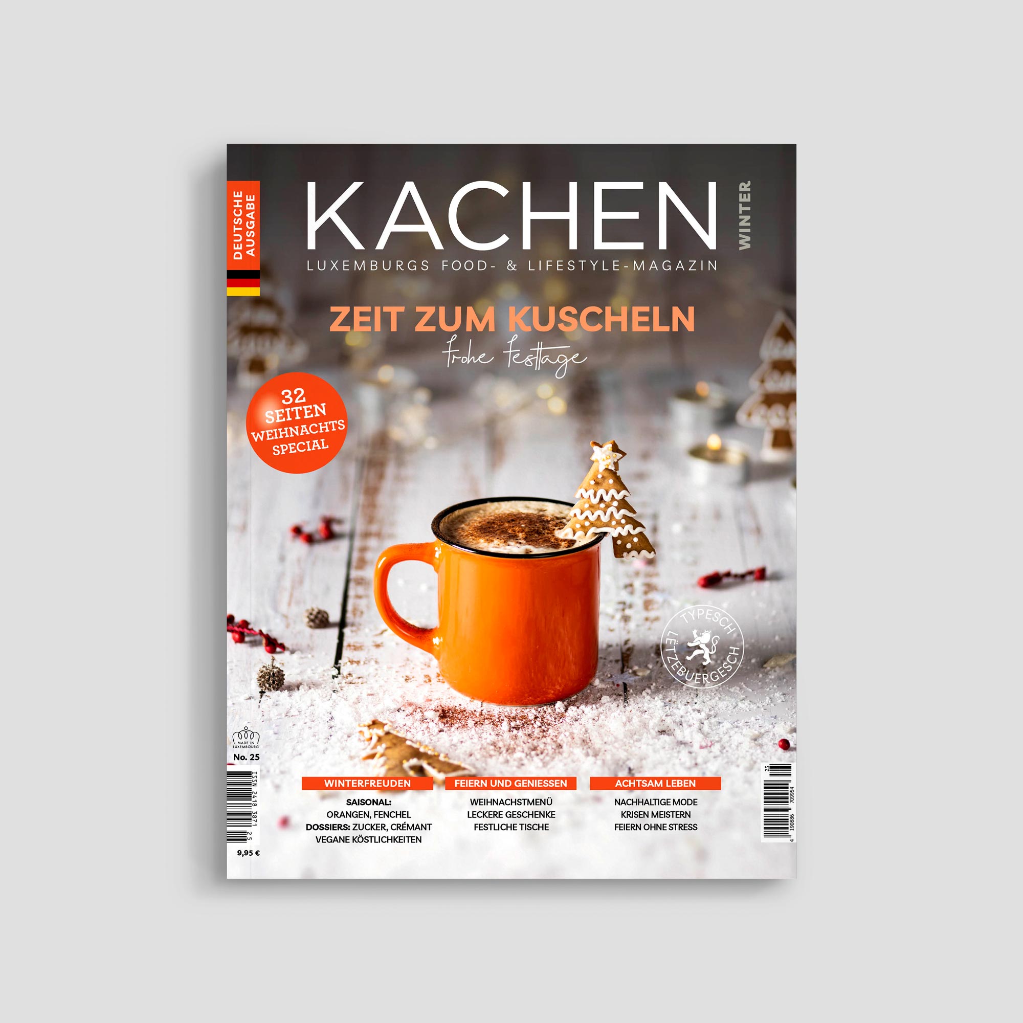 Magazine cover with festive hot chocolate and cookie.