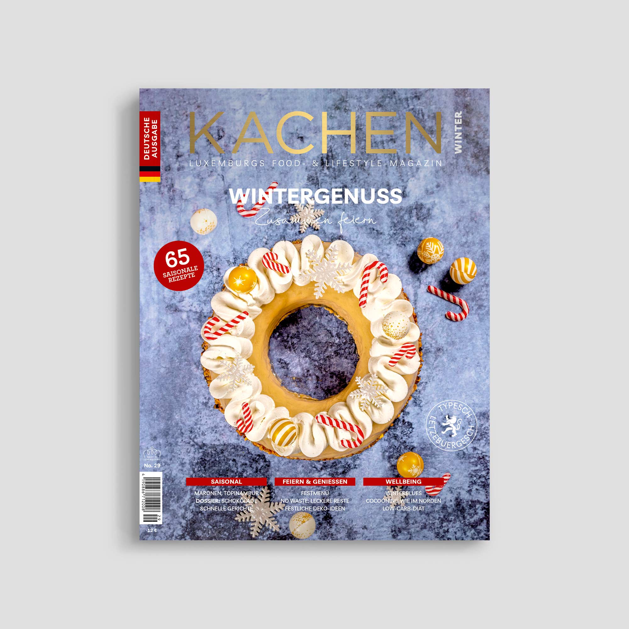 Winter-themed KACHEN magazine cover with festive wreath.