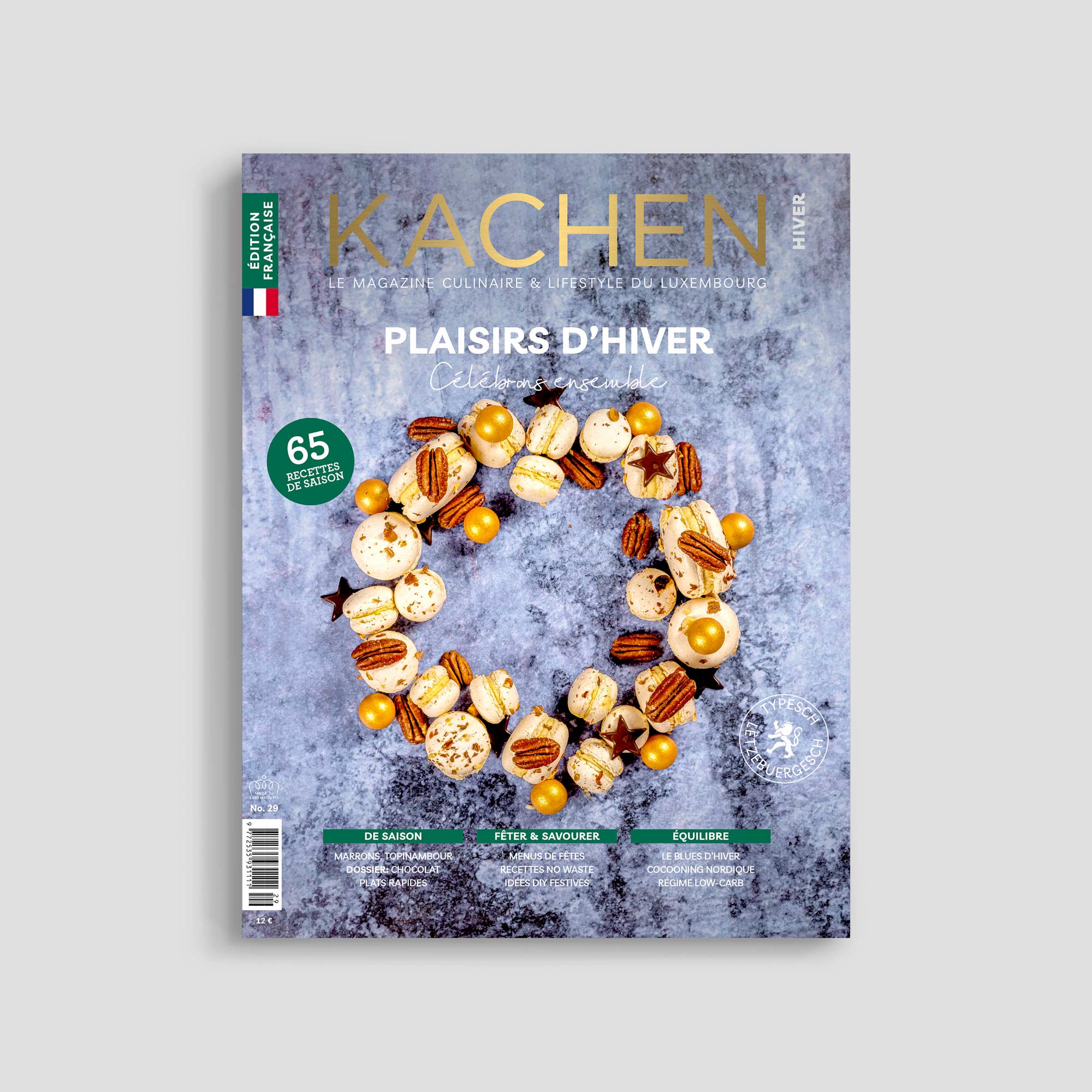 Winter culinary magazine cover with festive treats.